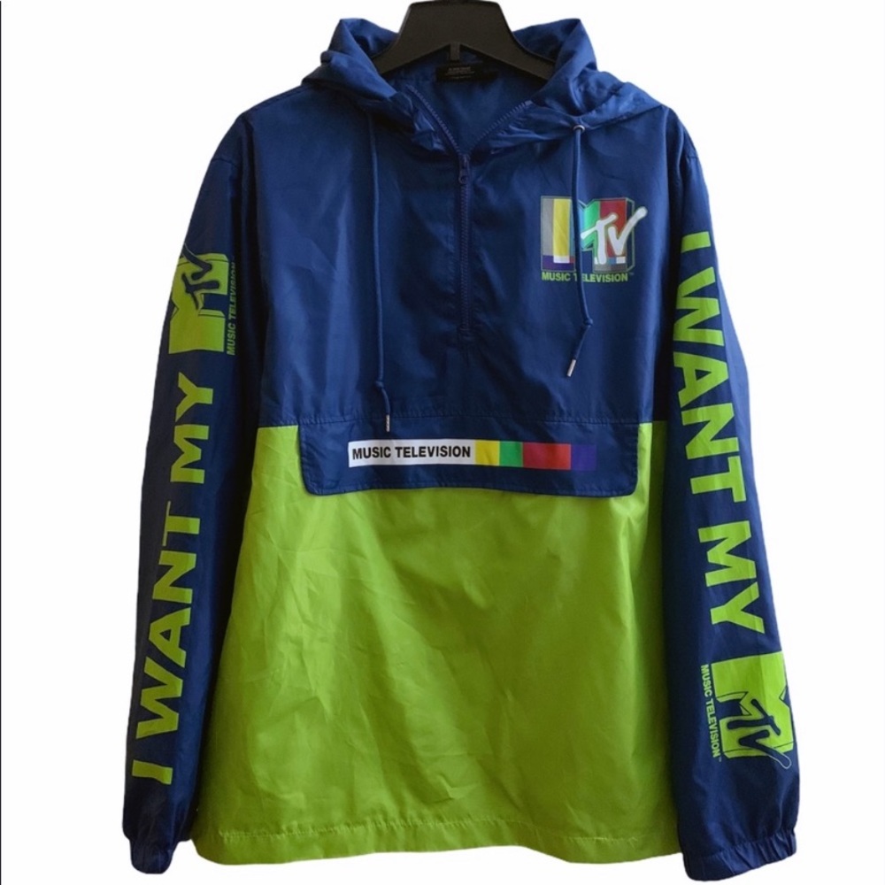 Blue and Neon green MTV Hooded Windbreaker unisex